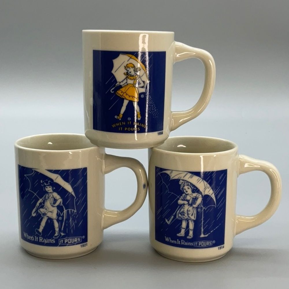 Vintage Morton Salt "When It Rains It Pours" Coffee Tea Mug Set of 3